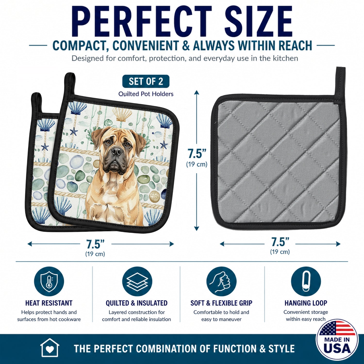 Bullmastiff Coastal Sea Glass Pot Holder Set of 2 Heat Resistant Quilted Hot Pads 7.5 x 7.5 Inch, Insulated Kitchen Trivets for Cooking & Baking