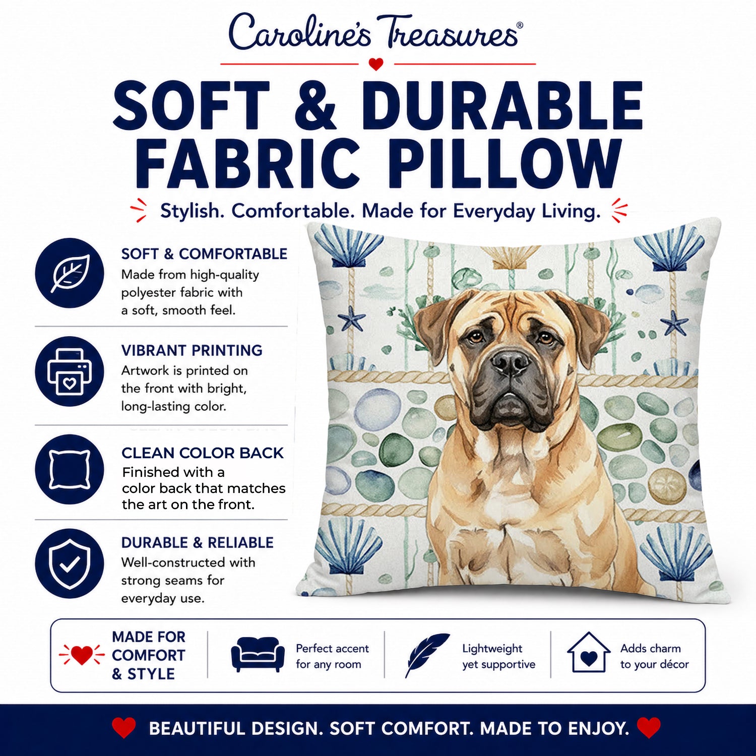 Bullmastiff Coastal Sea Glass Decorative Throw Pillow 18x18 Indoor Outdoor Accent Cushion, Fabric Cover with Insert for Sofa, Bed, Porch & Living Room