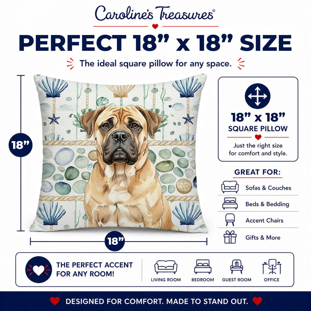 Bullmastiff Coastal Sea Glass Decorative Throw Pillow 18x18 Indoor Outdoor Accent Cushion, Fabric Cover with Insert for Sofa, Bed, Porch & Living Room