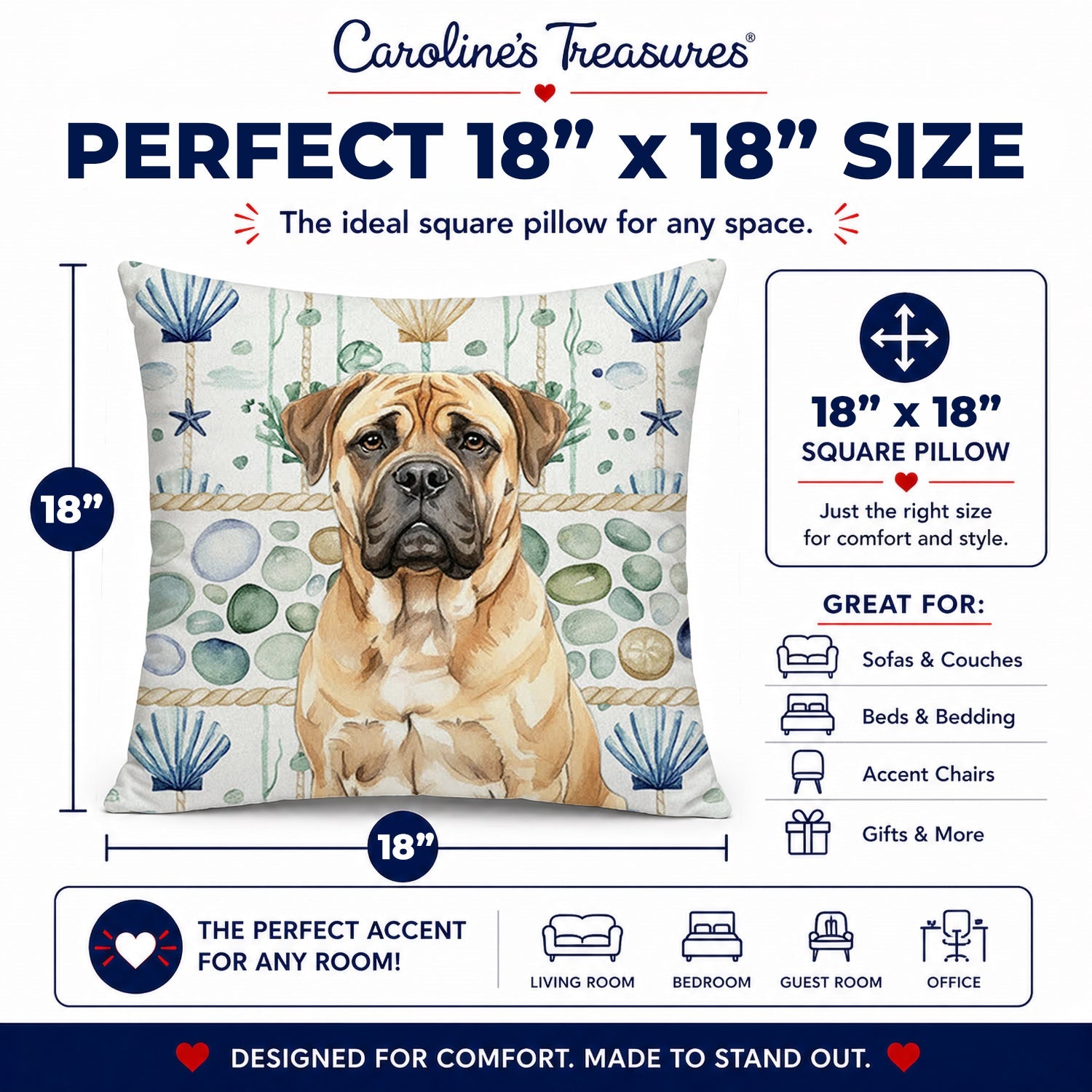 Bullmastiff Coastal Sea Glass Decorative Throw Pillow 18x18 Indoor Outdoor Accent Cushion, Fabric Cover with Insert for Sofa, Bed, Porch & Living Room