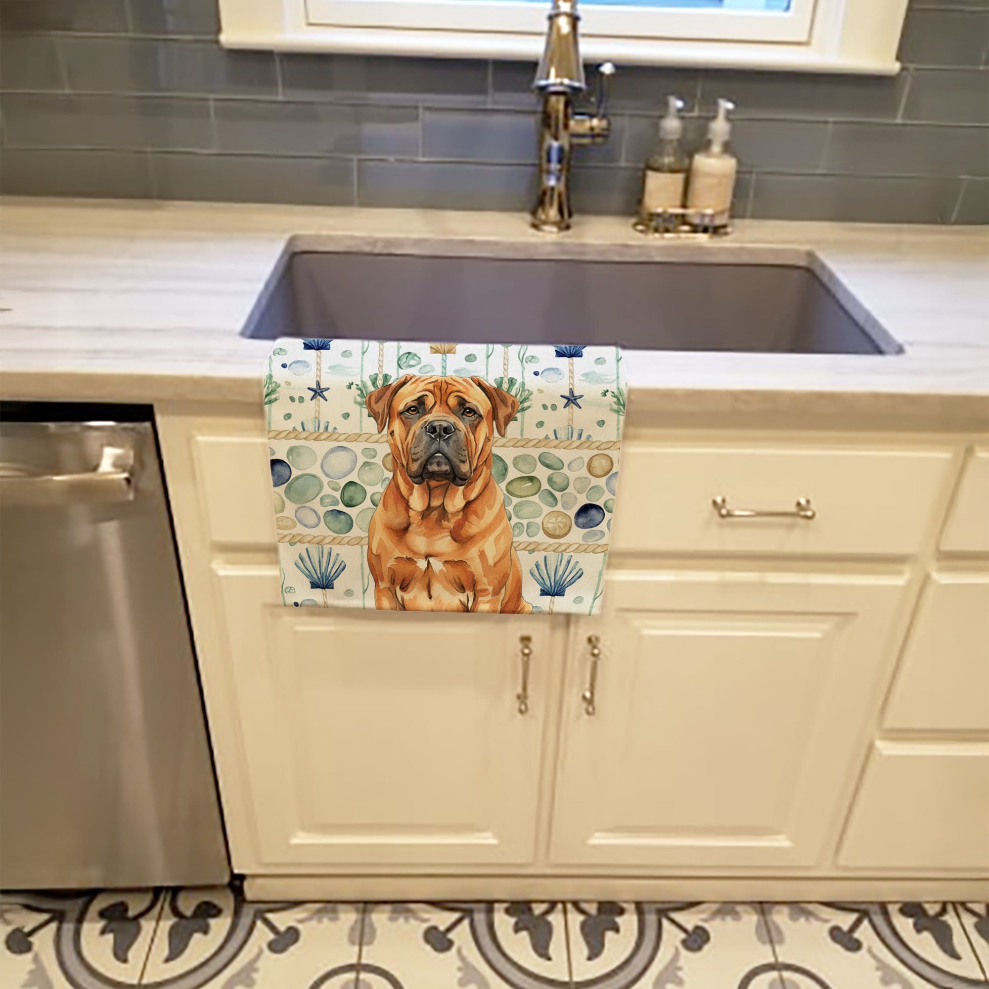 Red Bullmastiff Coastal Sea Glass Kitchen Towel Velour Plush Front and Cotton Loop Back Machine Washable
