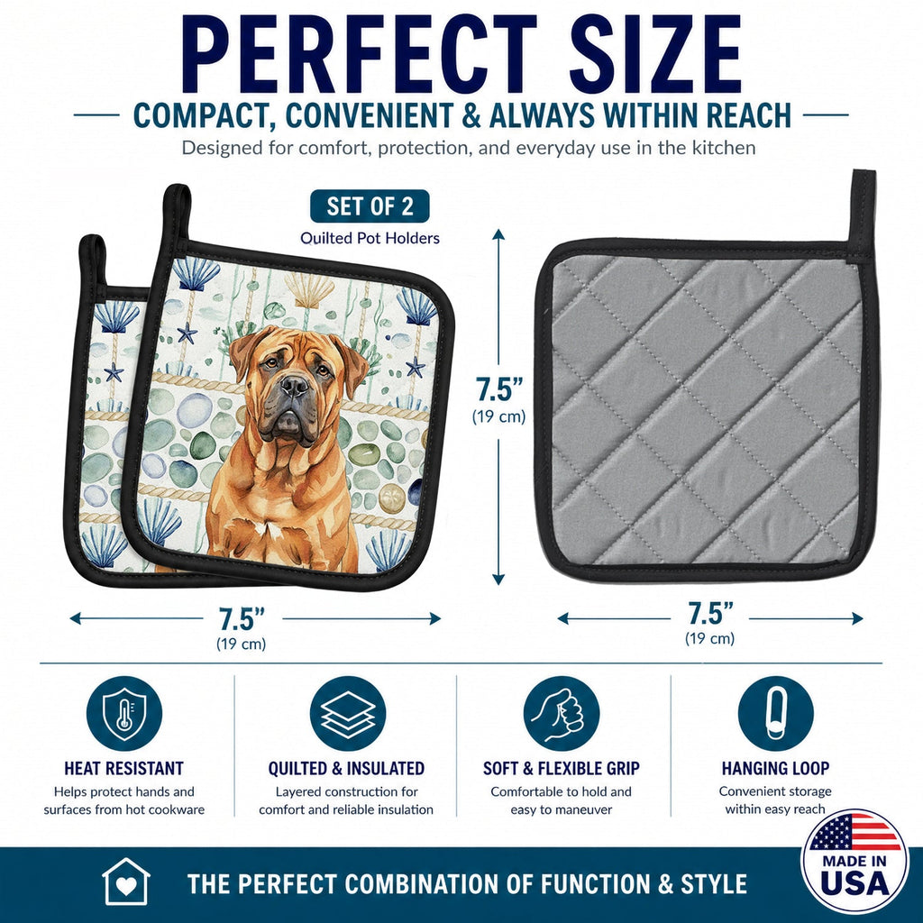 Red Bullmastiff Coastal Sea Glass Pot Holder Set of 2 Heat Resistant Quilted Hot Pads 7.5 x 7.5 Inch, Insulated Kitchen Trivets for Cooking & Baking