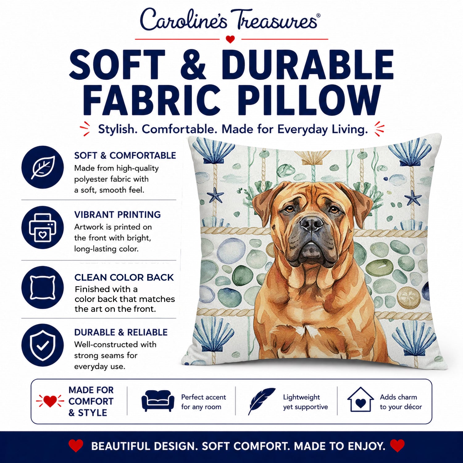 Red Bullmastiff Coastal Sea Glass Decorative Throw Pillow 14x14 Indoor Outdoor Accent Cushion, Fabric Cover with Insert for Sofa, Bed, Porch & Living Room