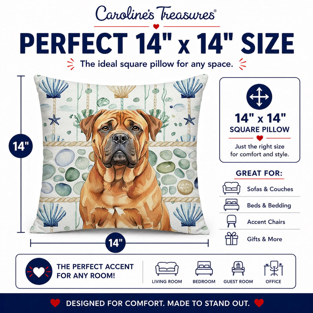 Red Bullmastiff Coastal Sea Glass Decorative Throw Pillow 14x14 Indoor Outdoor Accent Cushion, Fabric Cover with Insert for Sofa, Bed, Porch & Living Room