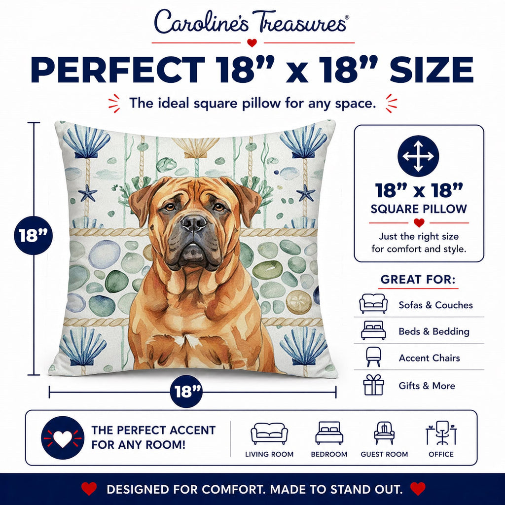 Red Bullmastiff Coastal Sea Glass Decorative Throw Pillow 18x18 Indoor Outdoor Accent Cushion, Fabric Cover with Insert for Sofa, Bed, Porch & Living Room