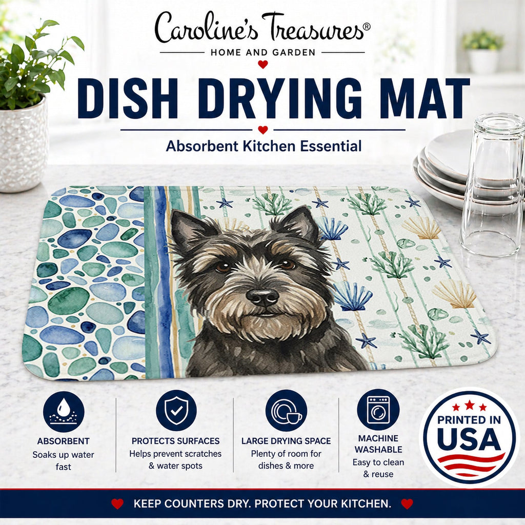 Black Cairn Terrier Coastal Sea Glass Dish Drying Mat Absorbent Dish Drying Mat Pad for Kitchen Counter Dish Drainer Mat for Countertop, 14 x 21", Multicolor