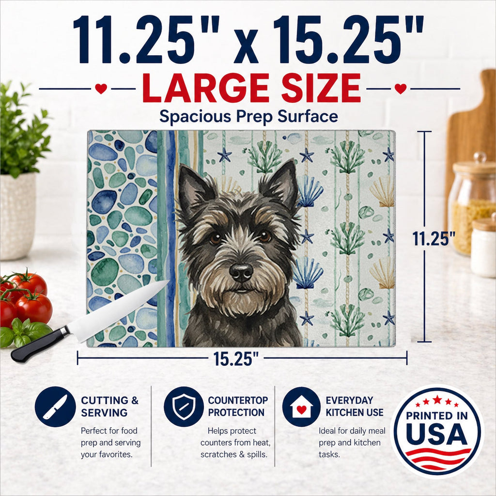Black Cairn Terrier Coastal Sea Glass Cutting Board Tempered Glass Kitchen Cutting Surface, Heat Resistant Chopping, Non-Slip Feet, Food Prep & Serving