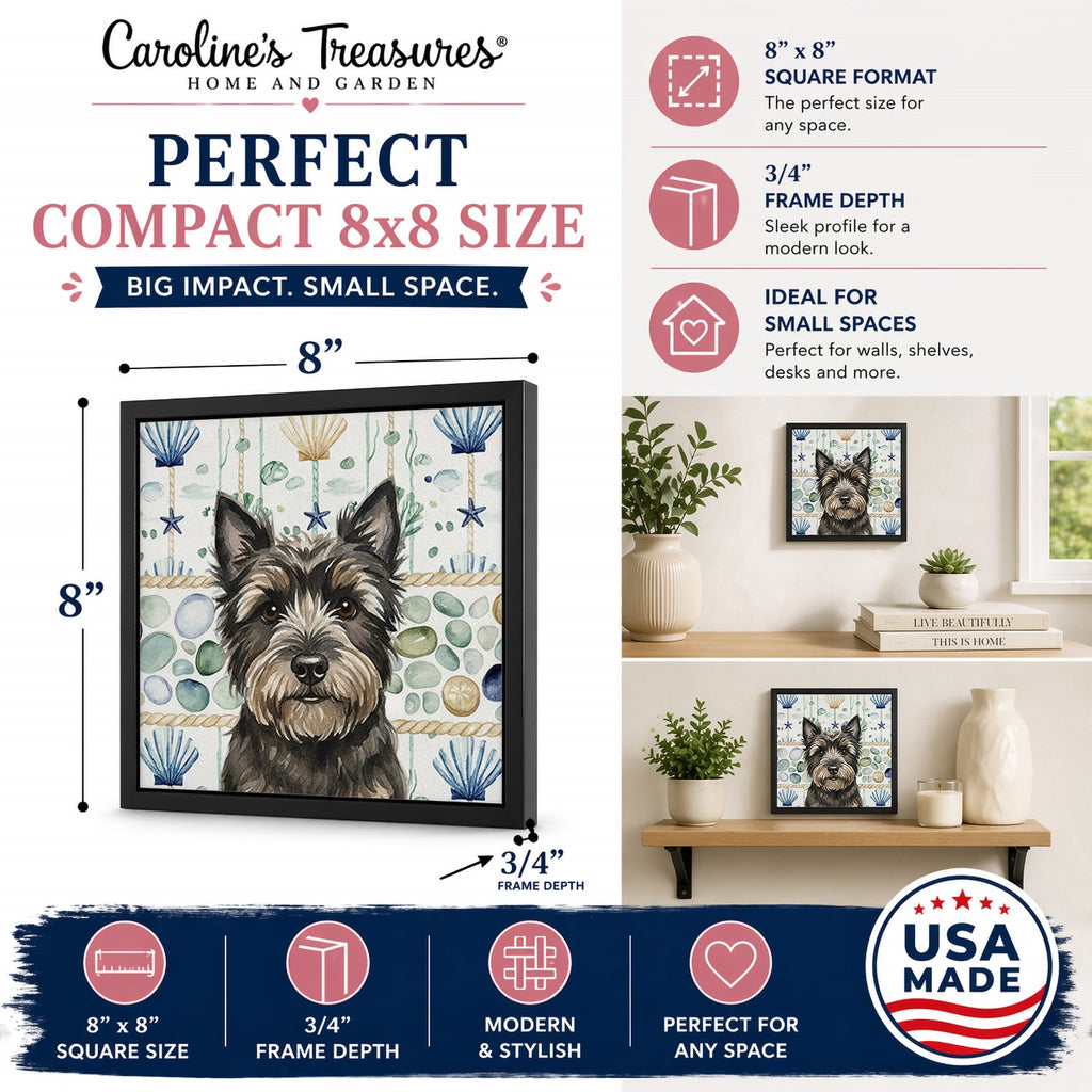Black Cairn Terrier Coastal Sea Glass Framed Metal Print Bathroom, Kitchen, Office, Home Decor Wall Art Ready to Hang, Square, 8X8