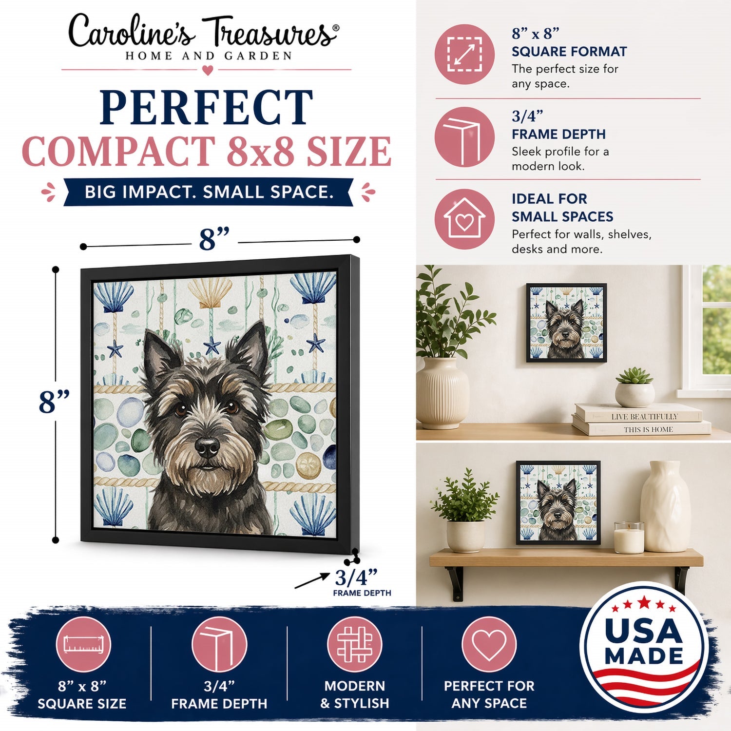 Black Cairn Terrier Coastal Sea Glass Framed Metal Print Bathroom, Kitchen, Office, Home Decor Wall Art Ready to Hang, Square, 8X8