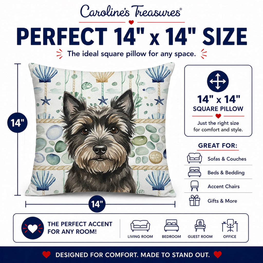 Black Cairn Terrier Coastal Sea Glass Decorative Throw Pillow 14x14 Indoor Outdoor Accent Cushion, Fabric Cover with Insert for Sofa, Bed, Porch & Living Room