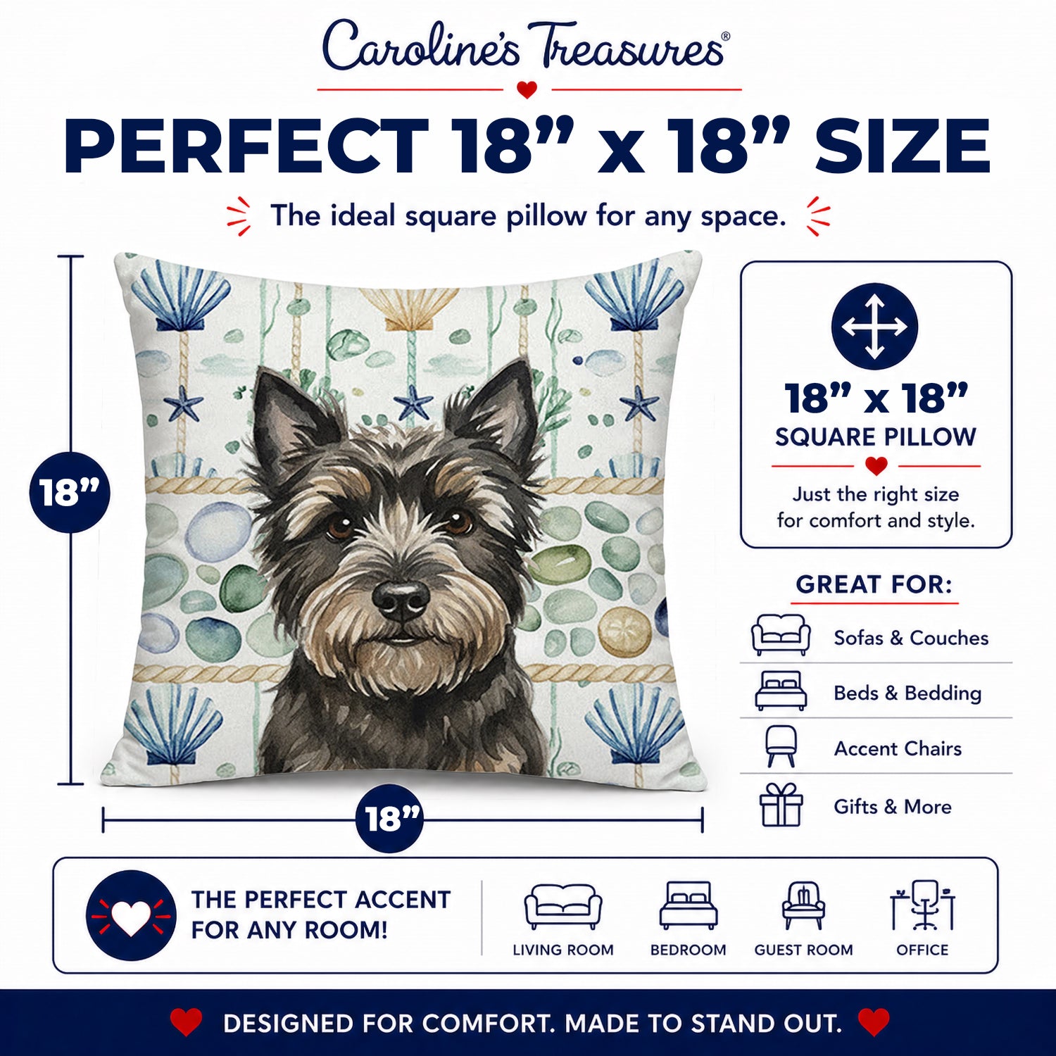 Black Cairn Terrier Coastal Sea Glass Decorative Throw Pillow 18x18 Indoor Outdoor Accent Cushion, Fabric Cover with Insert for Sofa, Bed, Porch & Living Room