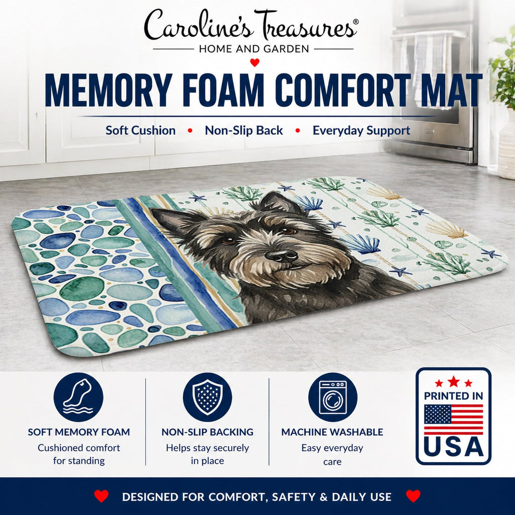 Black Cairn Terrier Coastal Sea Glass Memory Foam Kitchen Mat Machine Washable Anti-Fatigue Cushion Comfort Bath or Kitchen Rug
