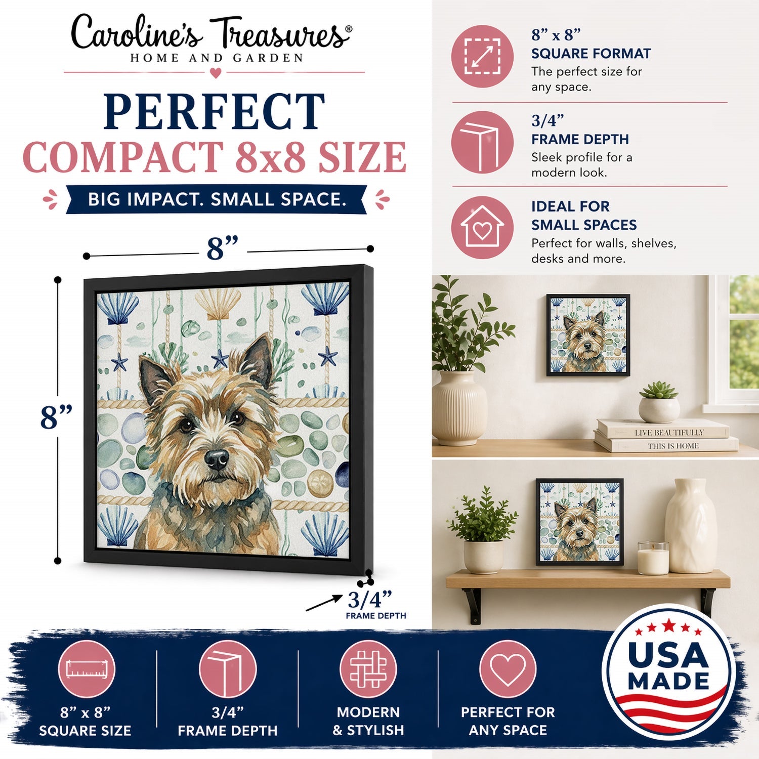 Cairn Terrier Coastal Sea Glass Framed Metal Print Bathroom, Kitchen, Office, Home Decor Wall Art Ready to Hang, Square, 8X8