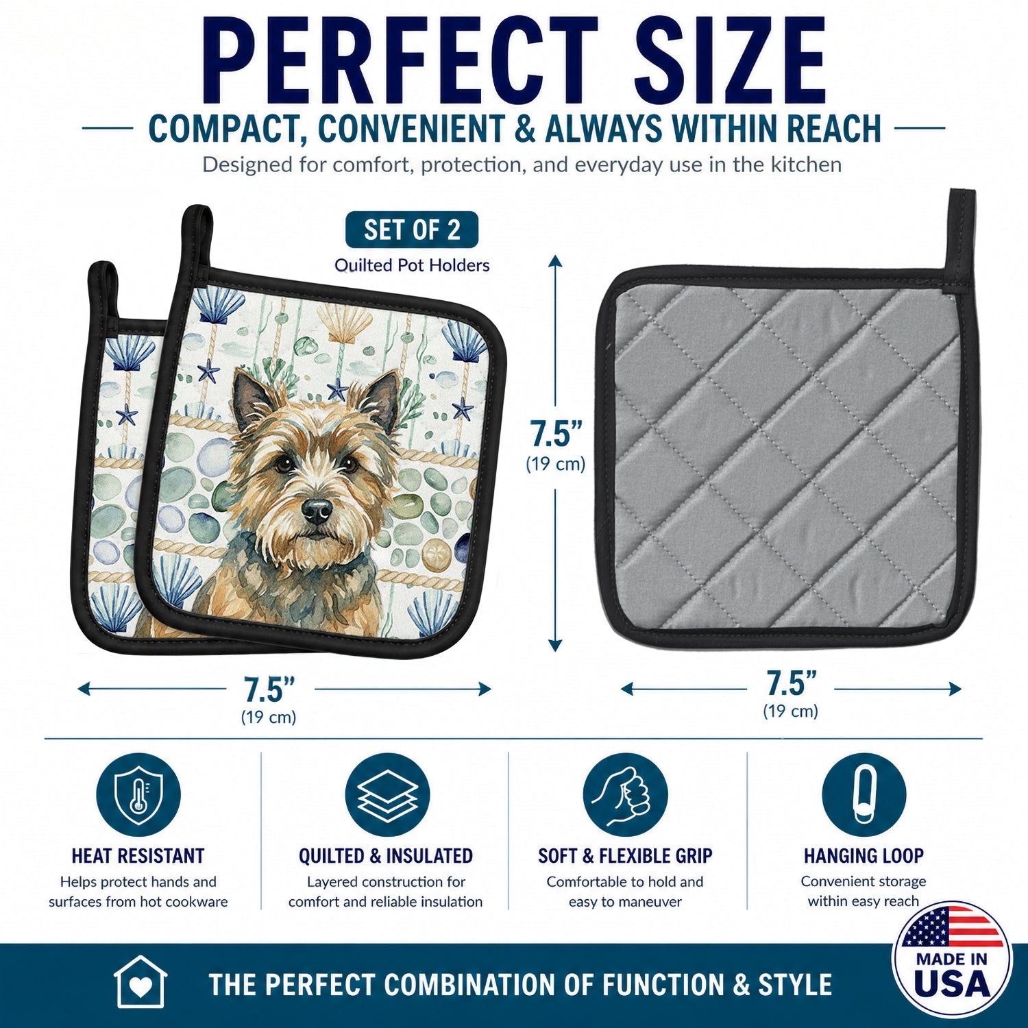 Cairn Terrier Coastal Sea Glass Pot Holder Set of 2 Heat Resistant Quilted Hot Pads 7.5 x 7.5 Inch, Insulated Kitchen Trivets for Cooking & Baking