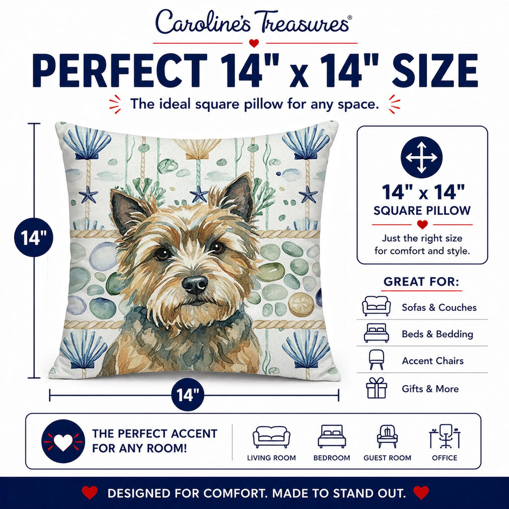 Cairn Terrier Coastal Sea Glass Decorative Throw Pillow 14x14 Indoor Outdoor Accent Cushion, Fabric Cover with Insert for Sofa, Bed, Porch & Living Room