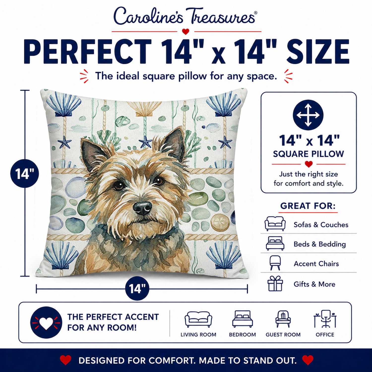 Cairn Terrier Coastal Sea Glass Decorative Throw Pillow 14x14 Indoor Outdoor Accent Cushion, Fabric Cover with Insert for Sofa, Bed, Porch & Living Room