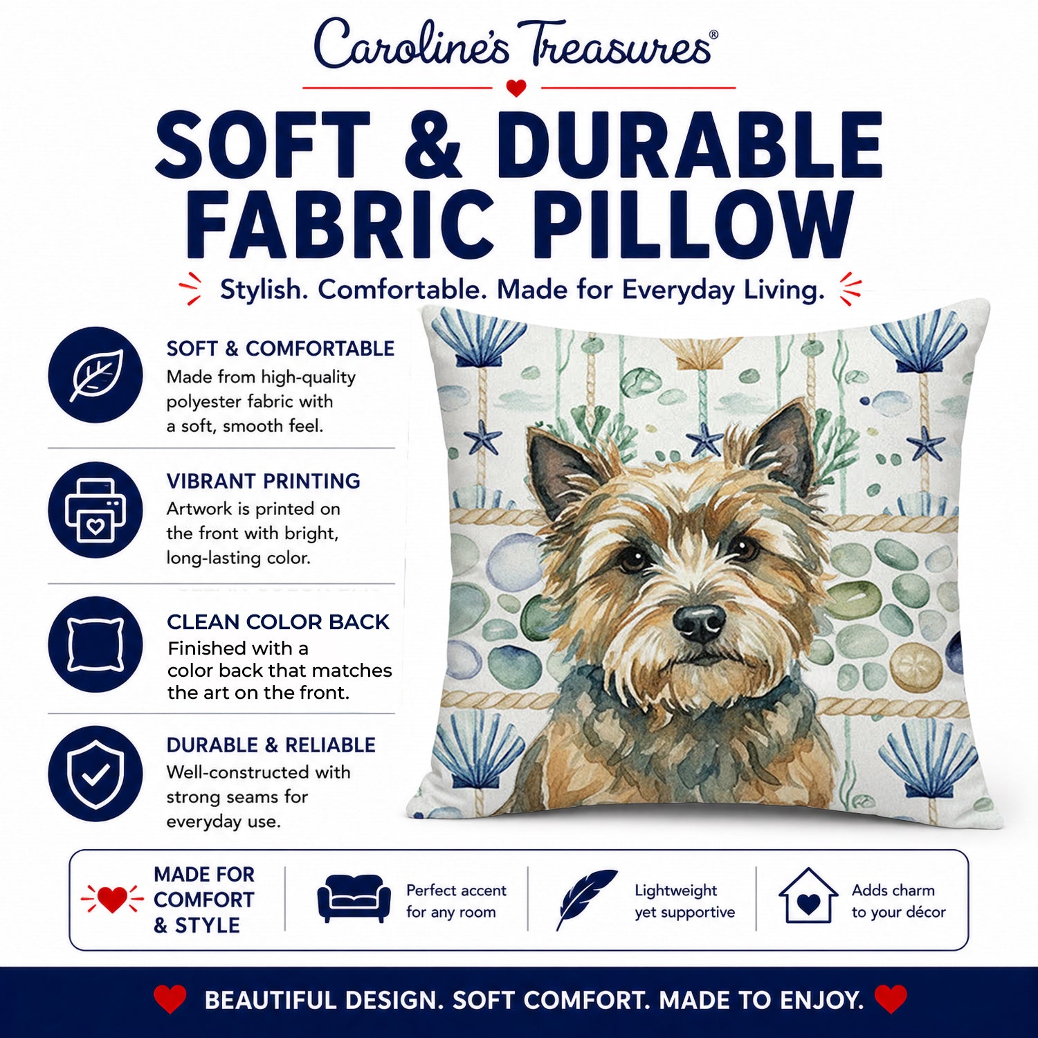 Cairn Terrier Coastal Sea Glass Decorative Throw Pillow 18x18 Indoor Outdoor Accent Cushion, Fabric Cover with Insert for Sofa, Bed, Porch & Living Room