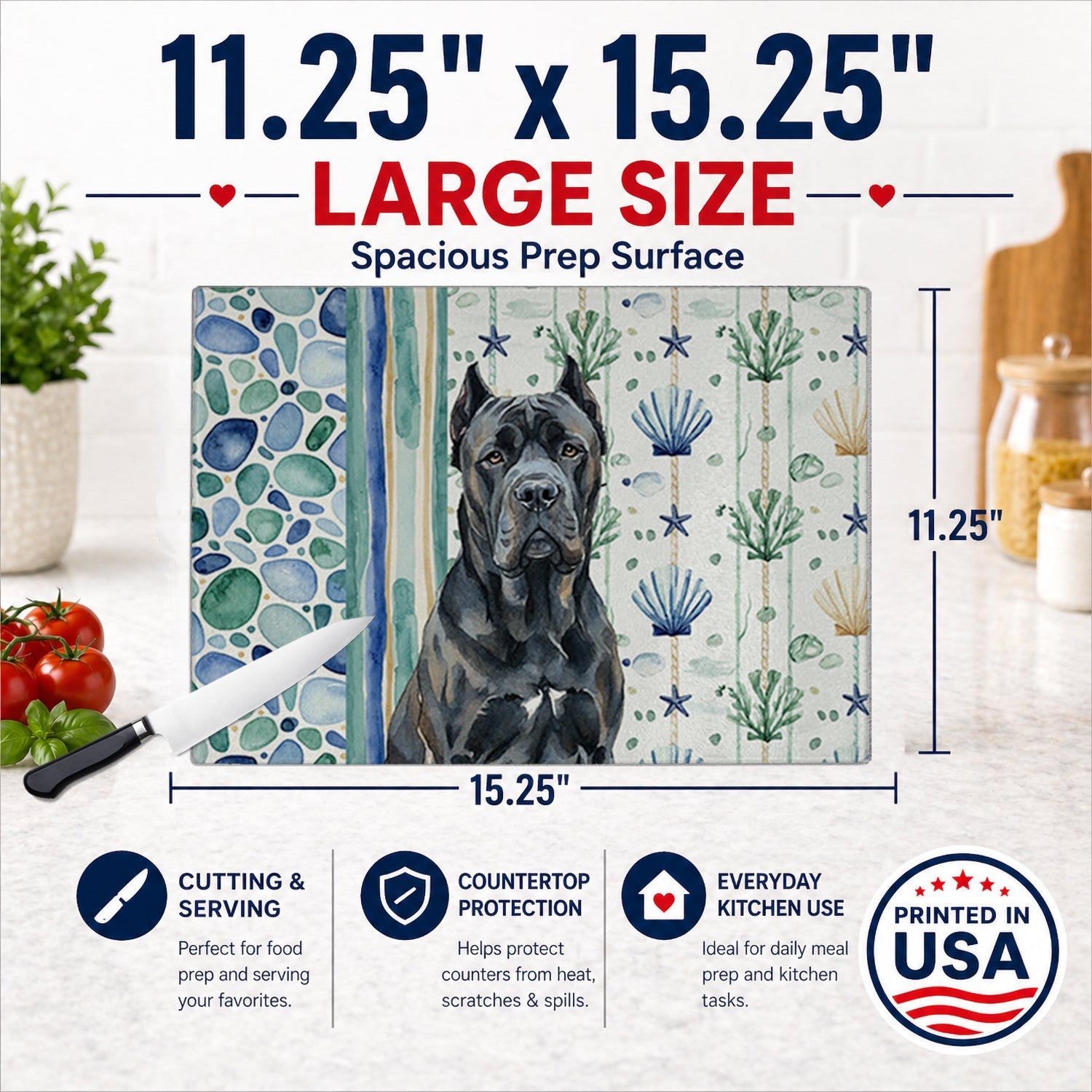 Cane Corso Coastal Sea Glass Cutting Board Tempered Glass Kitchen Cutting Surface, Heat Resistant Chopping, Non-Slip Feet, Food Prep & Serving