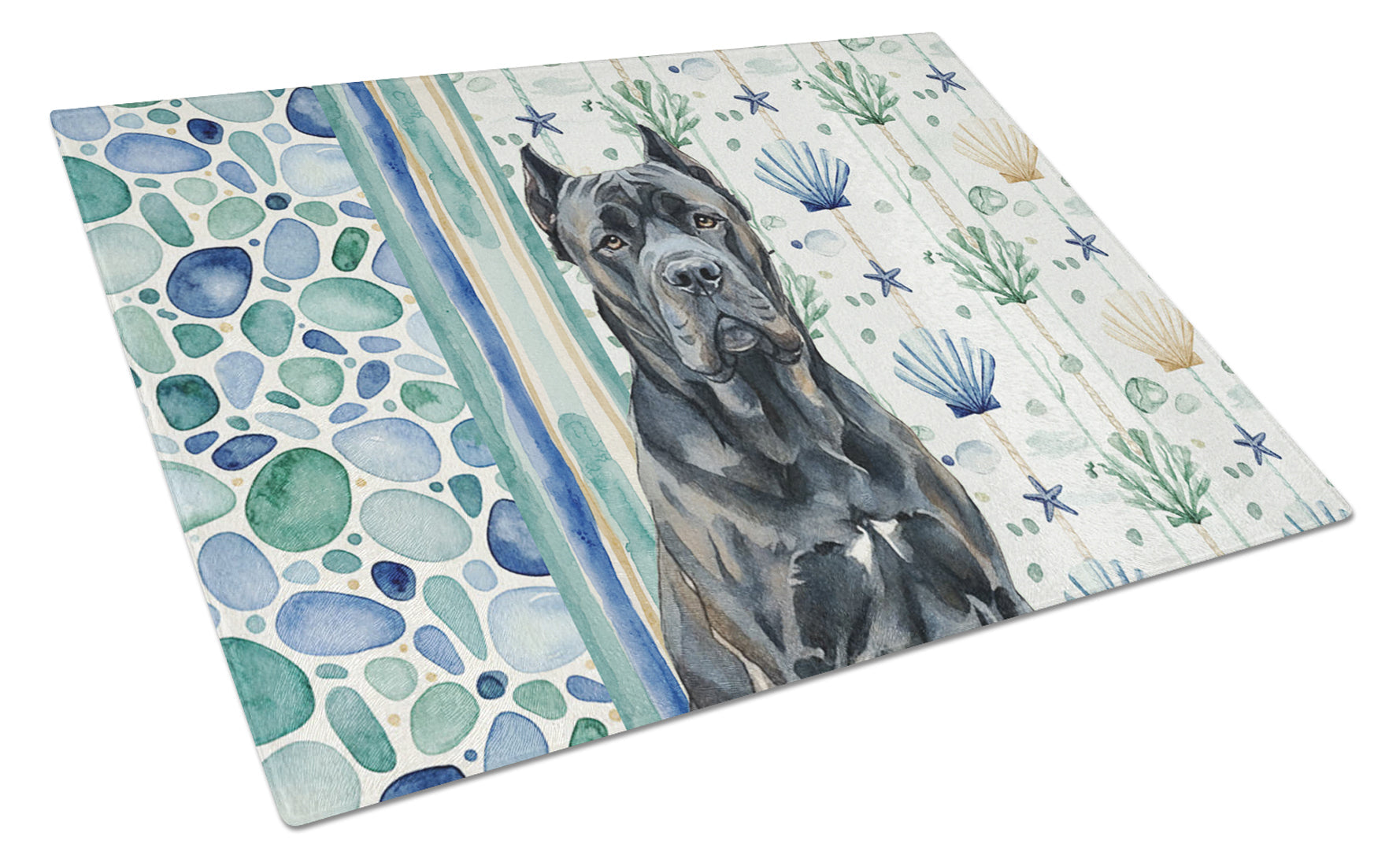 Cane Corso Coastal Sea Glass Cutting Board Tempered Glass Kitchen Cutting Surface, Heat Resistant Chopping, Non-Slip Feet, Food Prep & Serving