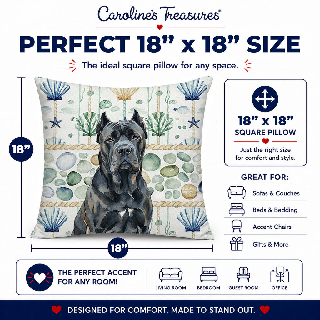 Cane Corso Coastal Sea Glass Decorative Throw Pillow 18x18 Indoor Outdoor Accent Cushion, Fabric Cover with Insert for Sofa, Bed, Porch & Living Room
