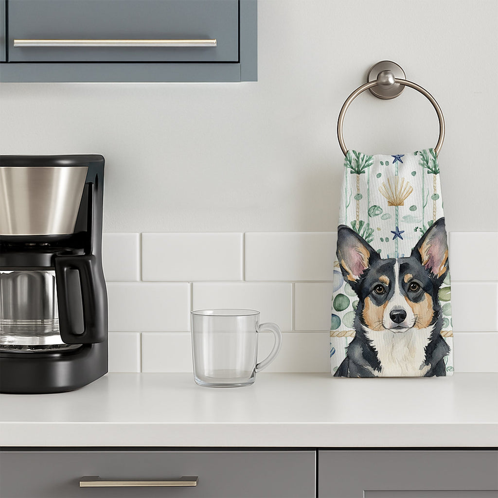 Black and White Cardigan Welsh Corgi Coastal Sea Glass Kitchen Towel Velour Plush Front and Cotton Loop Back Machine Washable