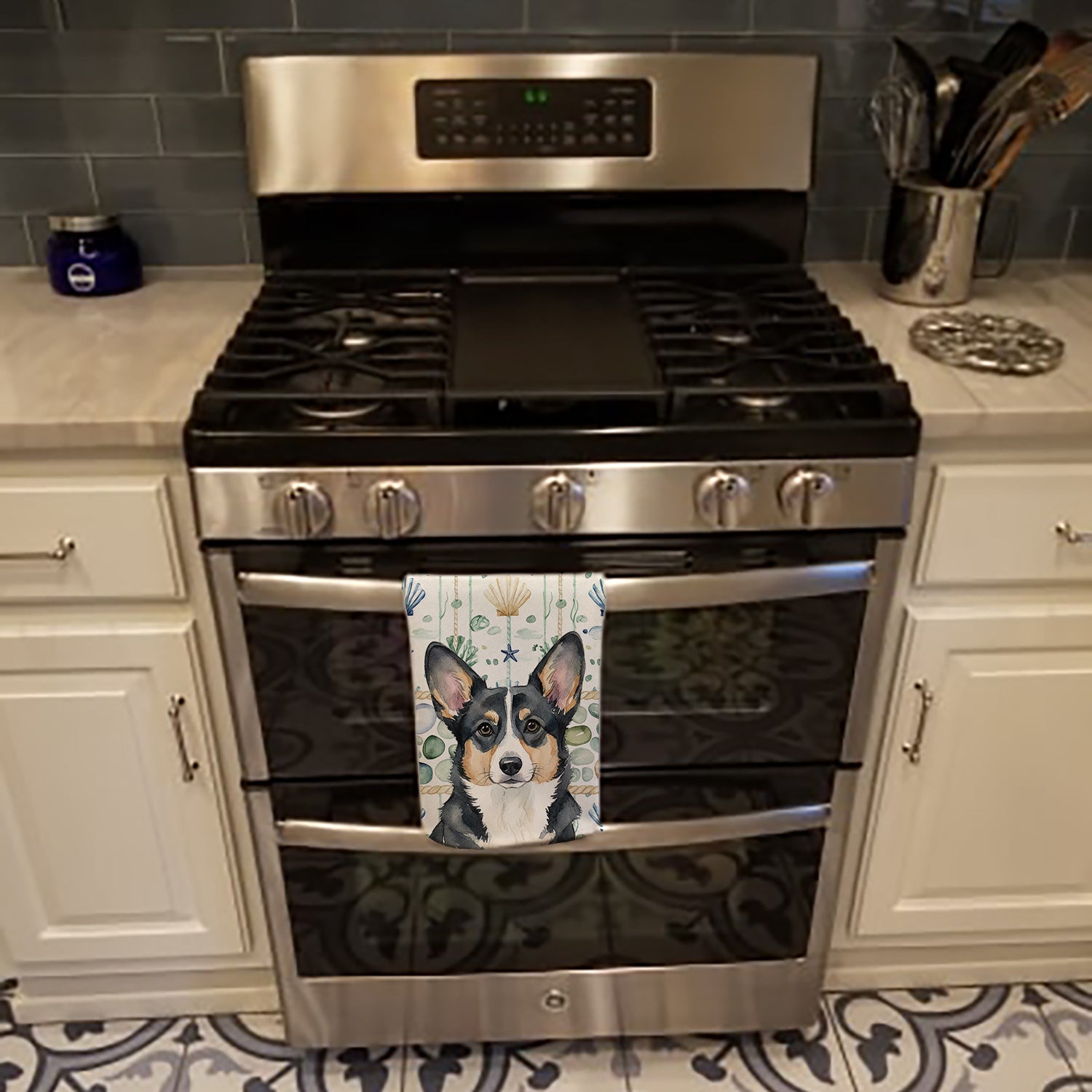 Black and White Cardigan Welsh Corgi Coastal Sea Glass Kitchen Towel Velour Plush Front and Cotton Loop Back Machine Washable