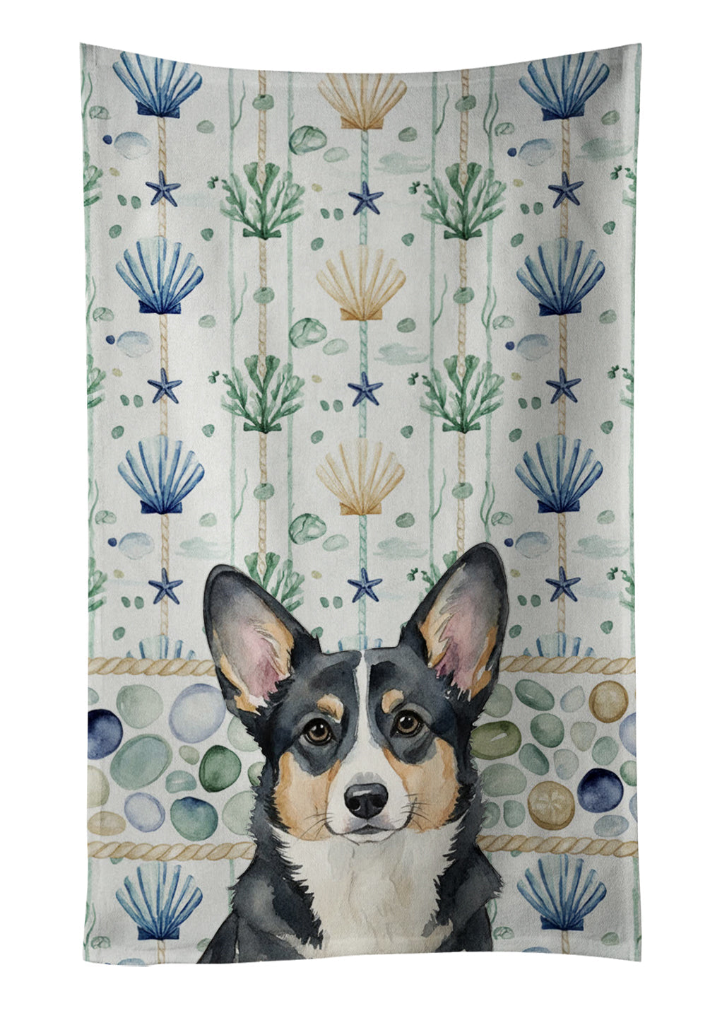 Black and White Cardigan Welsh Corgi Coastal Sea Glass Kitchen Towel Velour Plush Front and Cotton Loop Back Machine Washable