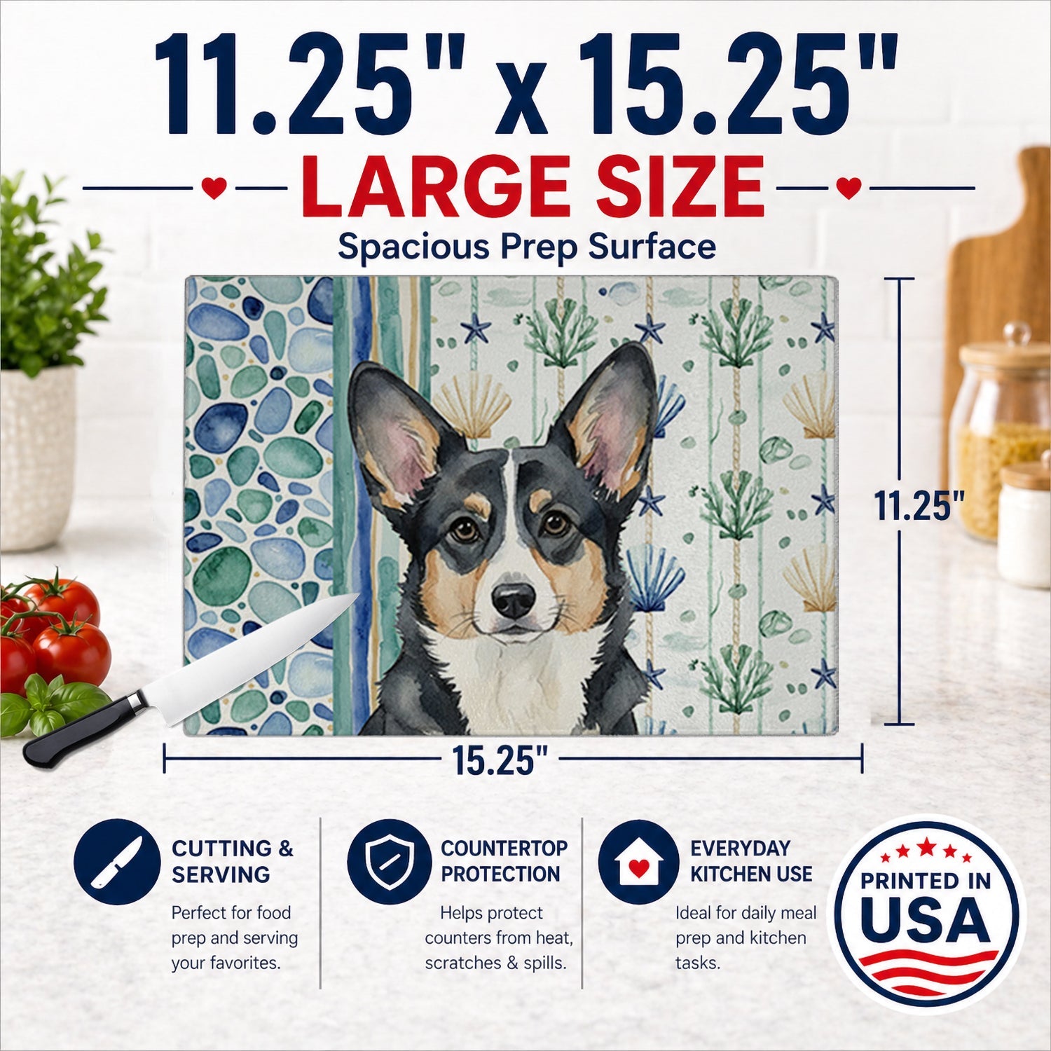 Black and White Cardigan Welsh Corgi Coastal Sea Glass Cutting Board Tempered Glass Kitchen Cutting Surface, Heat Resistant Chopping, Non-Slip Feet, Food Prep & Serving