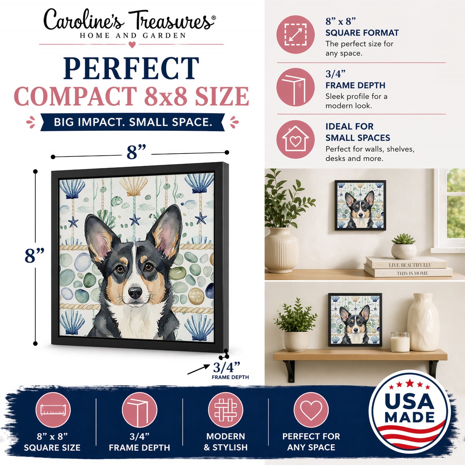 Black and White Cardigan Welsh Corgi Coastal Sea Glass Framed Metal Print Bathroom, Kitchen, Office, Home Decor Wall Art Ready to Hang, Square, 8X8