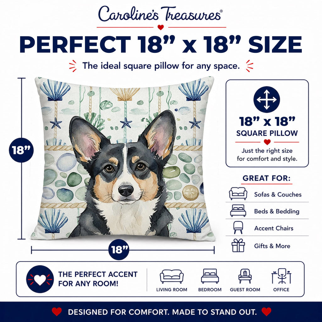 Black and White Cardigan Welsh Corgi Coastal Sea Glass Decorative Throw Pillow 18x18 Indoor Outdoor Accent Cushion, Fabric Cover with Insert for Sofa, Bed, Porch & Living Room