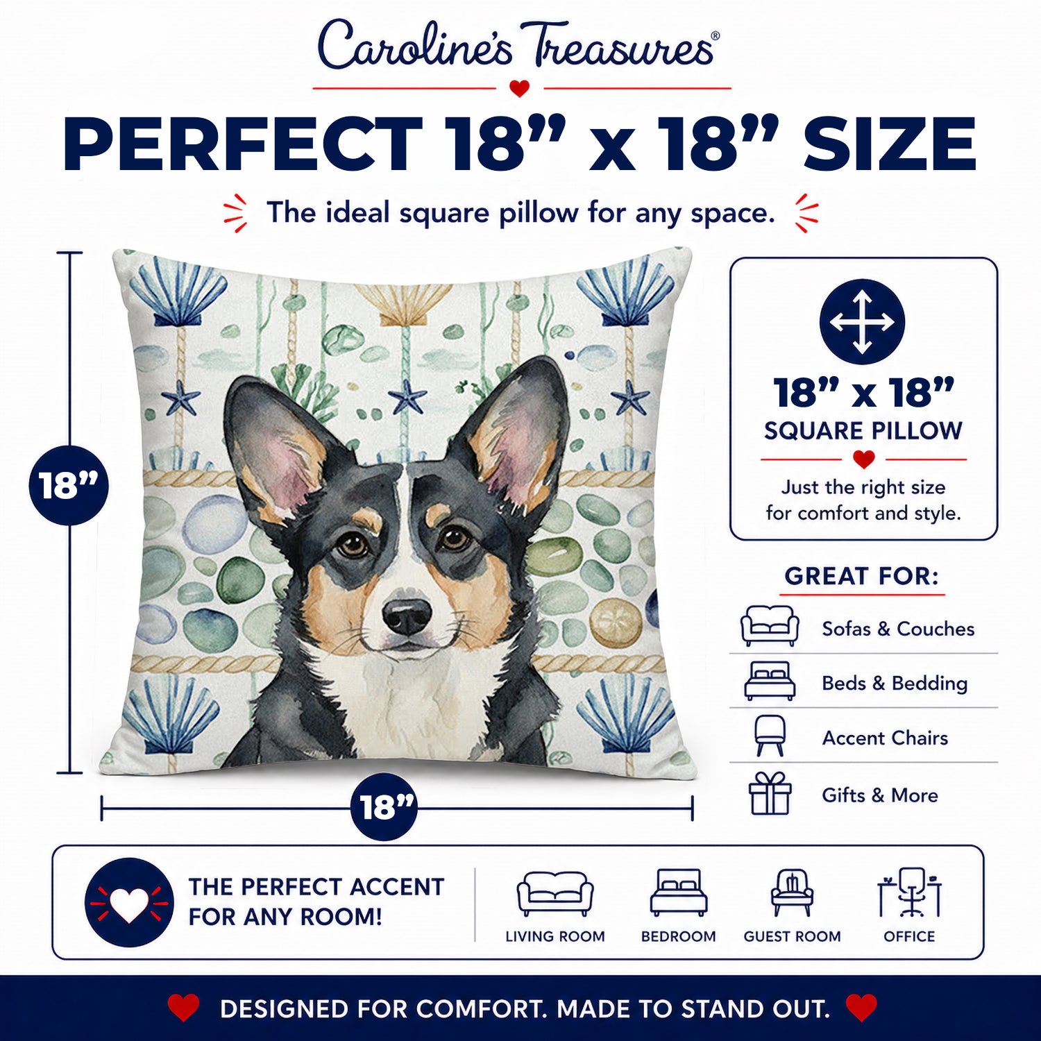 Black and White Cardigan Welsh Corgi Coastal Sea Glass Decorative Throw Pillow 18x18 Indoor Outdoor Accent Cushion, Fabric Cover with Insert for Sofa, Bed, Porch & Living Room