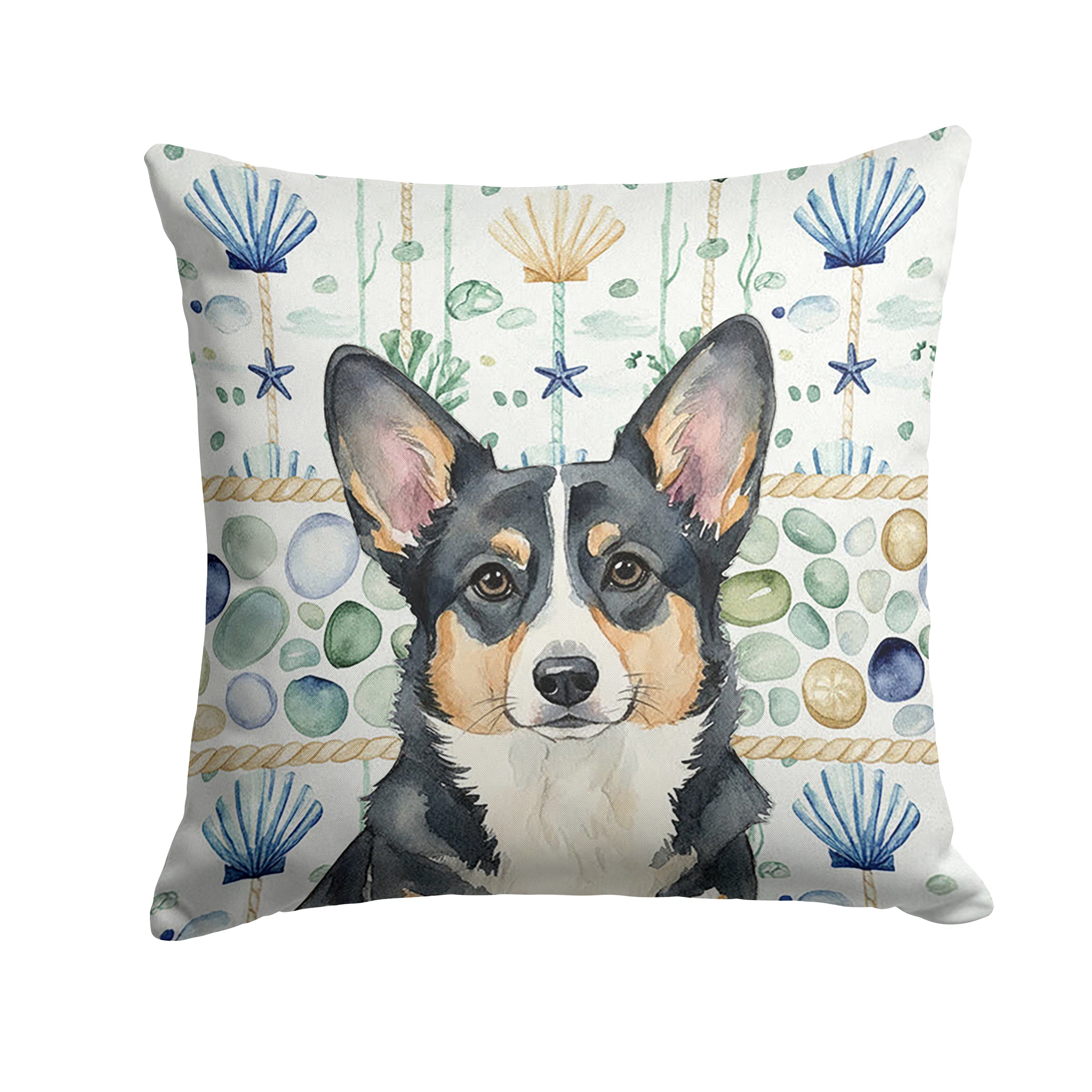 Black and White Cardigan Welsh Corgi Coastal Sea Glass Decorative Throw Pillow 18x18 Indoor Outdoor Accent Cushion, Fabric Cover with Insert for Sofa, Bed, Porch & Living Room