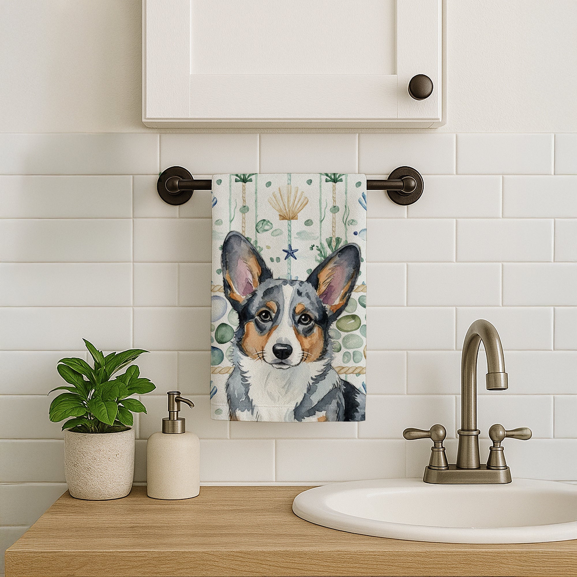 Blue Merle Cardigan Welsh Corgi Coastal Sea Glass Kitchen Towel Velour Plush Front and Cotton Loop Back Machine Washable