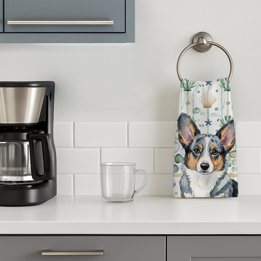 Blue Merle Cardigan Welsh Corgi Coastal Sea Glass Kitchen Towel Velour Plush Front and Cotton Loop Back Machine Washable