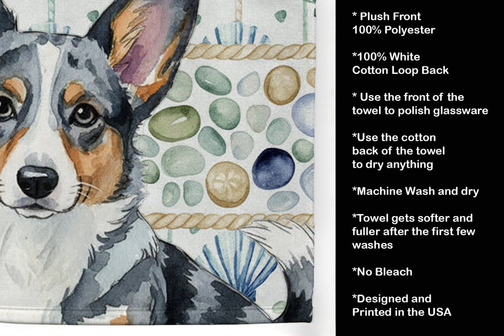 Blue Merle Cardigan Welsh Corgi Coastal Sea Glass Kitchen Towel Velour Plush Front and Cotton Loop Back Machine Washable