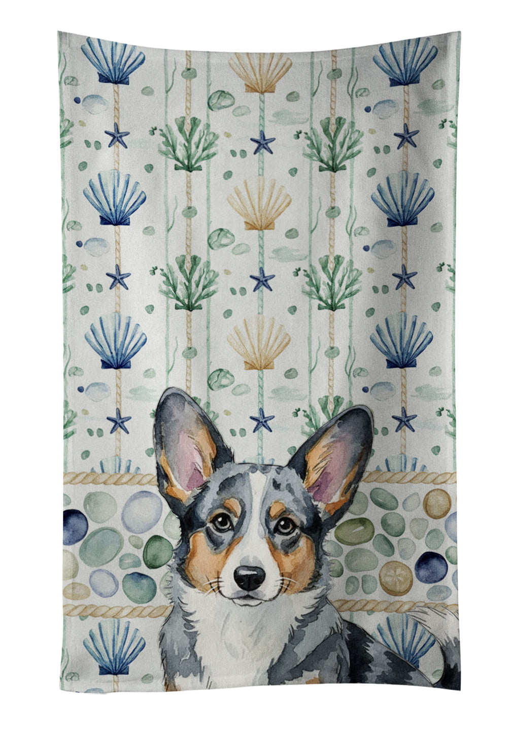 Blue Merle Cardigan Welsh Corgi Coastal Sea Glass Kitchen Towel Velour Plush Front and Cotton Loop Back Machine Washable