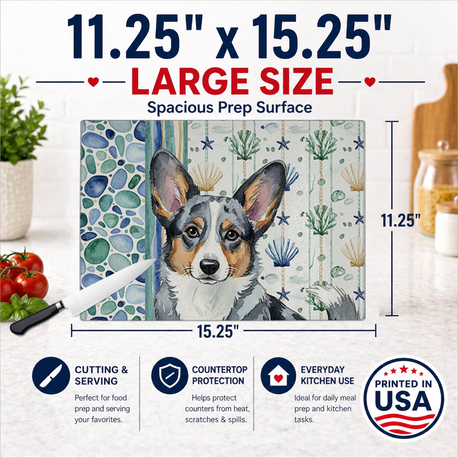 Blue Merle Cardigan Welsh Corgi Coastal Sea Glass Cutting Board Tempered Glass Kitchen Cutting Surface, Heat Resistant Chopping, Non-Slip Feet, Food Prep & Serving