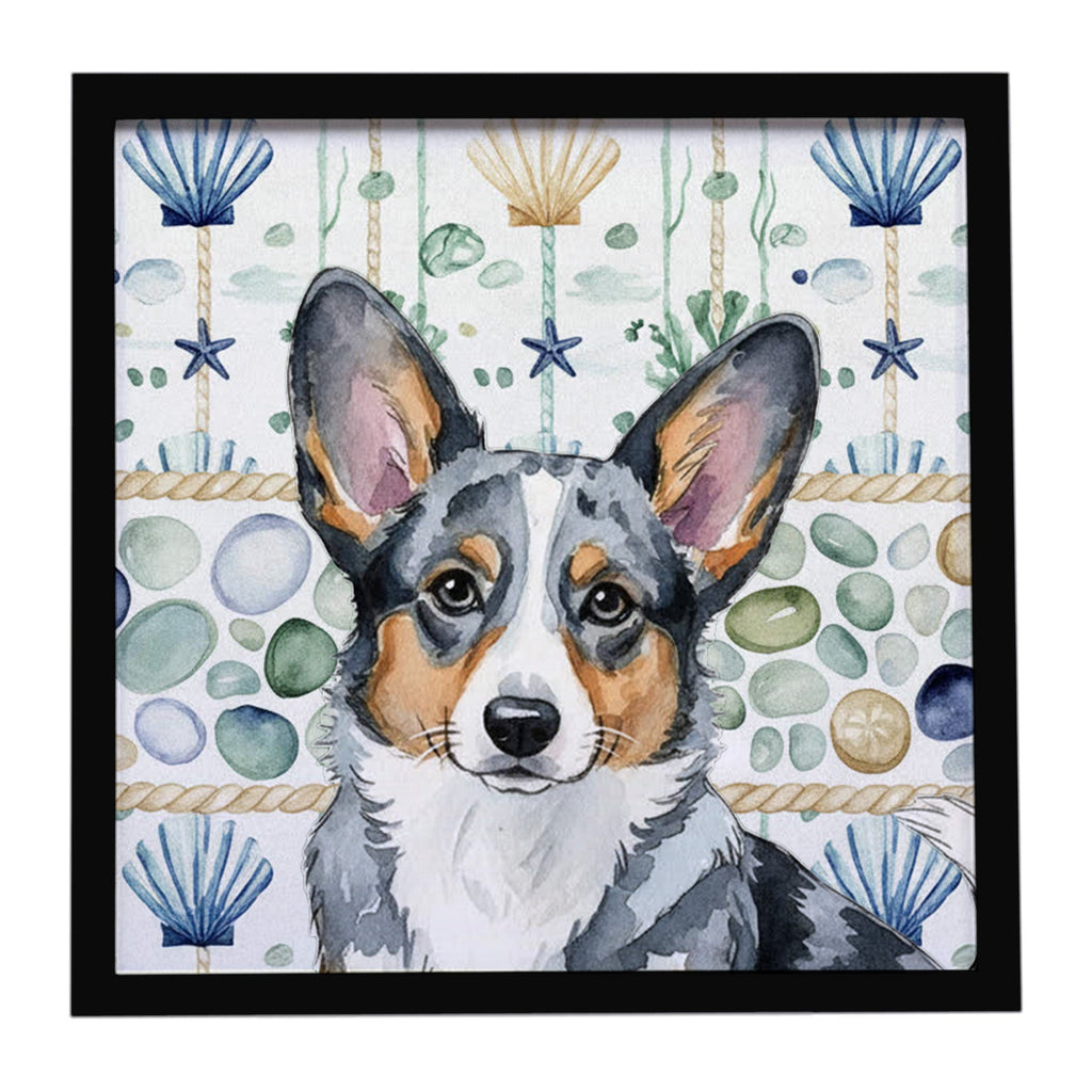 Blue Merle Cardigan Welsh Corgi Coastal Sea Glass Framed Metal Print Bathroom, Kitchen, Office, Home Decor Wall Art Ready to Hang, Square, 8X8