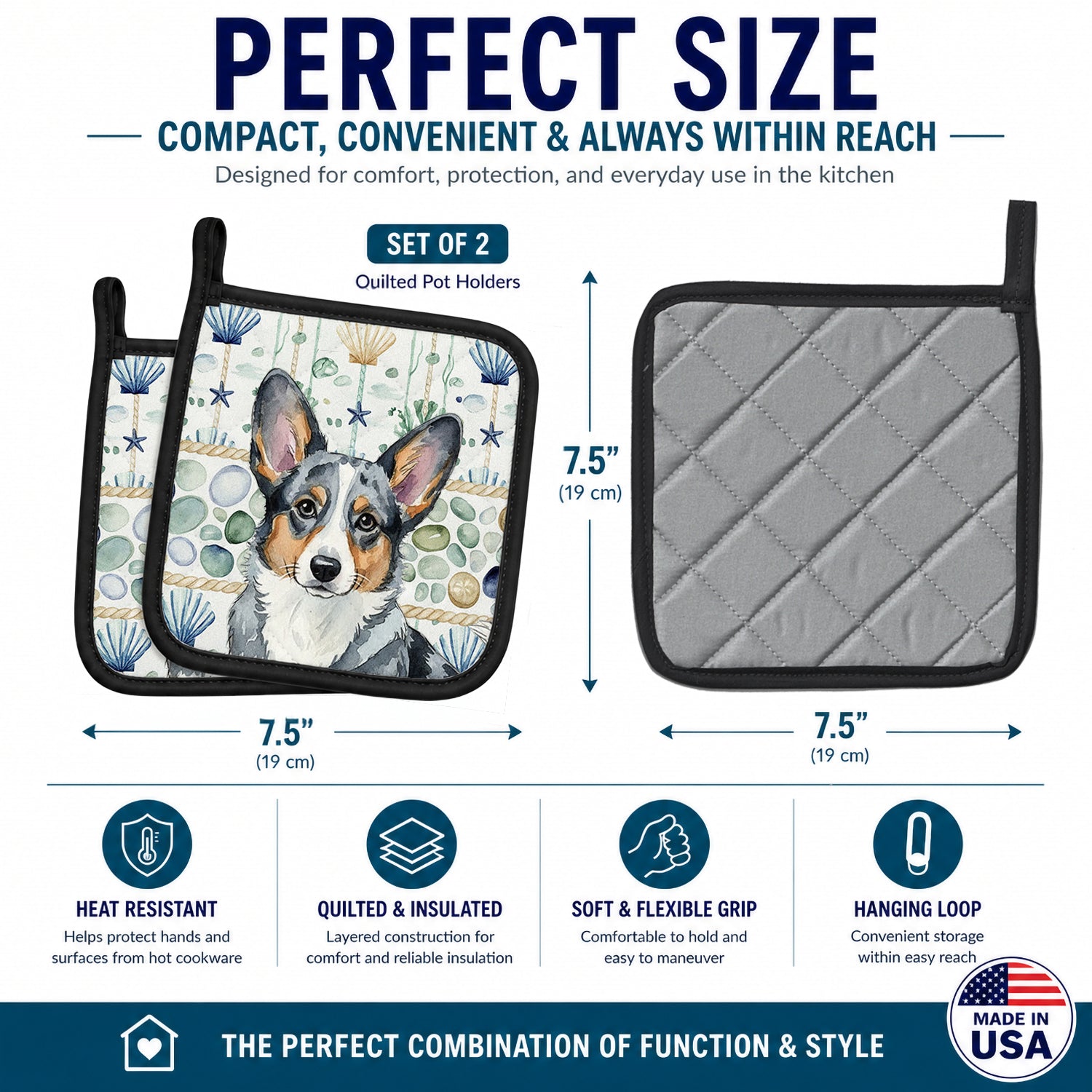 Blue Merle Cardigan Welsh Corgi Coastal Sea Glass Pot Holder Set of 2 Heat Resistant Quilted Hot Pads 7.5 x 7.5 Inch, Insulated Kitchen Trivets for Cooking & Baking