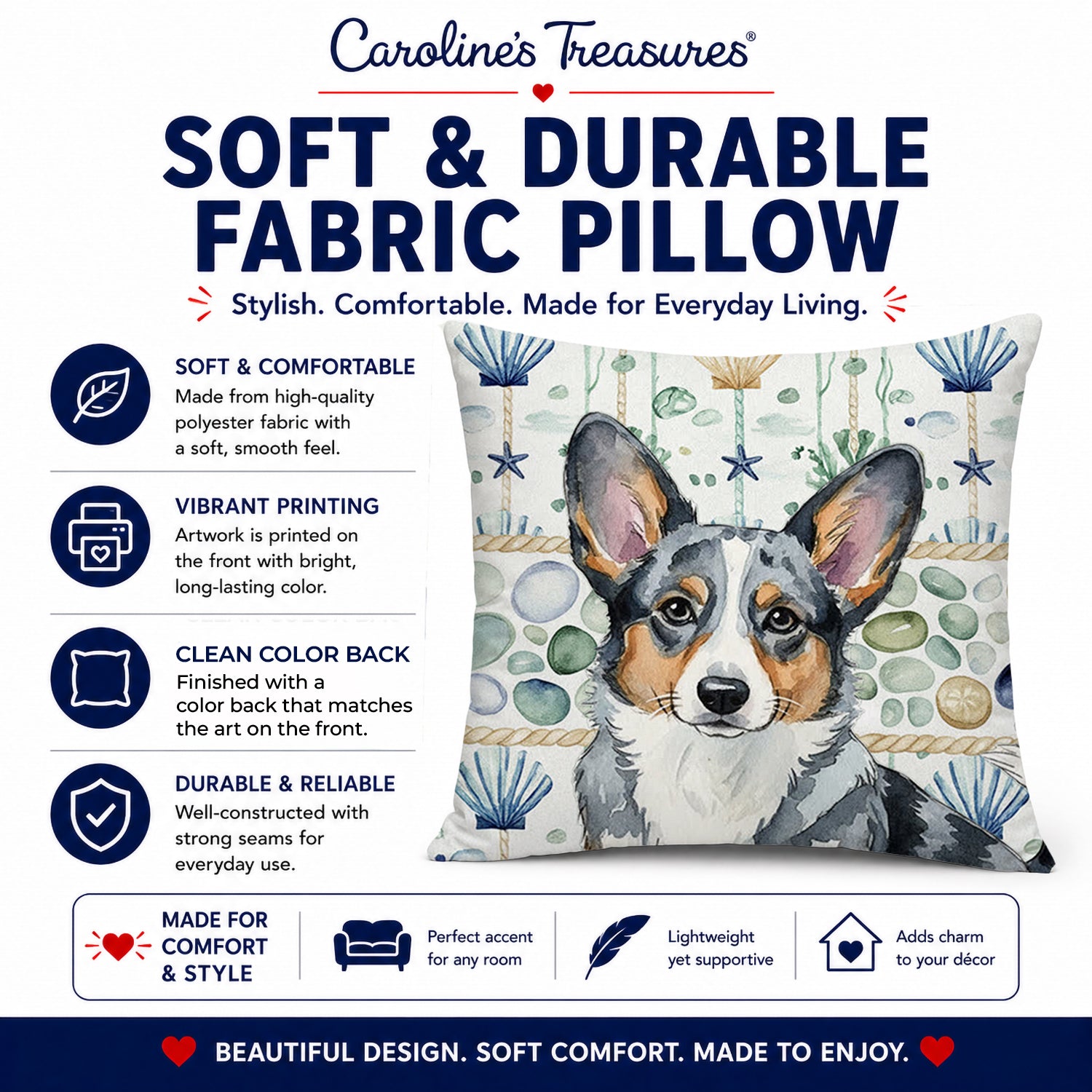 Blue Merle Cardigan Welsh Corgi Coastal Sea Glass Decorative Throw Pillow 14x14 Indoor Outdoor Accent Cushion, Fabric Cover with Insert for Sofa, Bed, Porch & Living Room