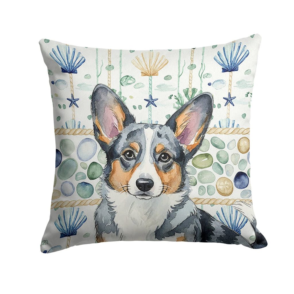 Blue Merle Cardigan Welsh Corgi Coastal Sea Glass Decorative Throw Pillow 14x14 Indoor Outdoor Accent Cushion, Fabric Cover with Insert for Sofa, Bed, Porch & Living Room