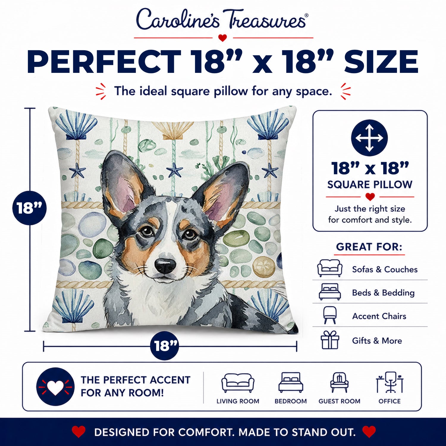 Blue Merle Cardigan Welsh Corgi Coastal Sea Glass Decorative Throw Pillow 18x18 Indoor Outdoor Accent Cushion, Fabric Cover with Insert for Sofa, Bed, Porch & Living Room