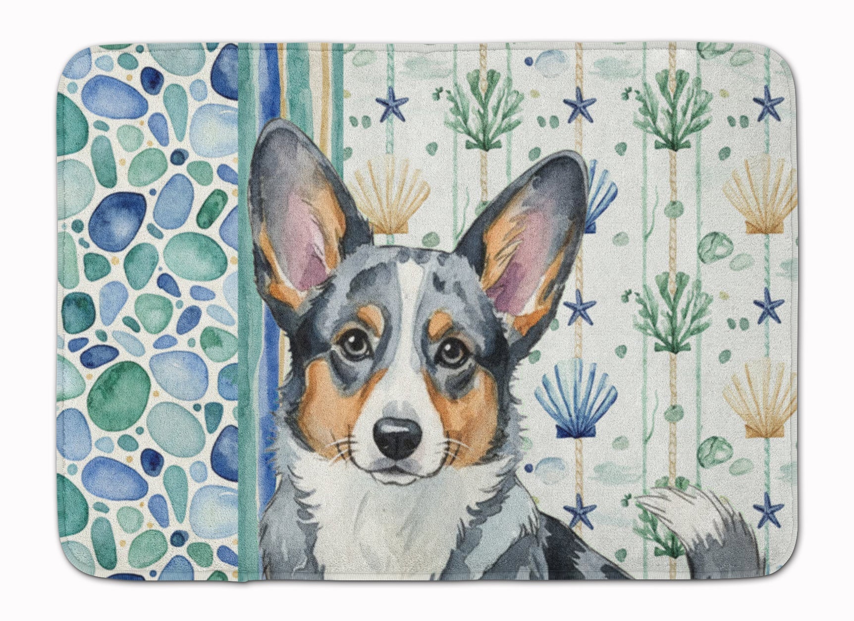 Blue Merle Cardigan Welsh Corgi Coastal Sea Glass Memory Foam Kitchen Mat Machine Washable Anti-Fatigue Cushion Comfort Bath or Kitchen Rug