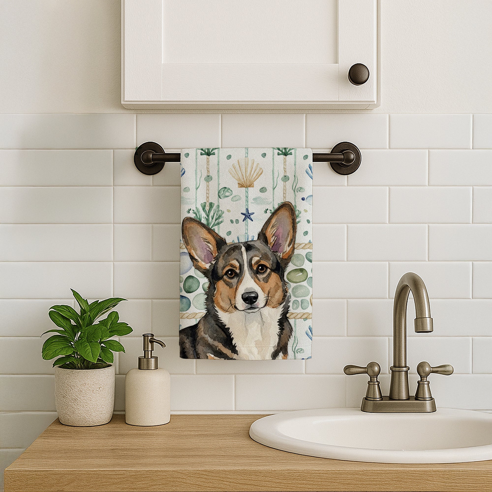 Brindle Cardigan Welsh Corgi Coastal Sea Glass Kitchen Towel Velour Plush Front and Cotton Loop Back Machine Washable