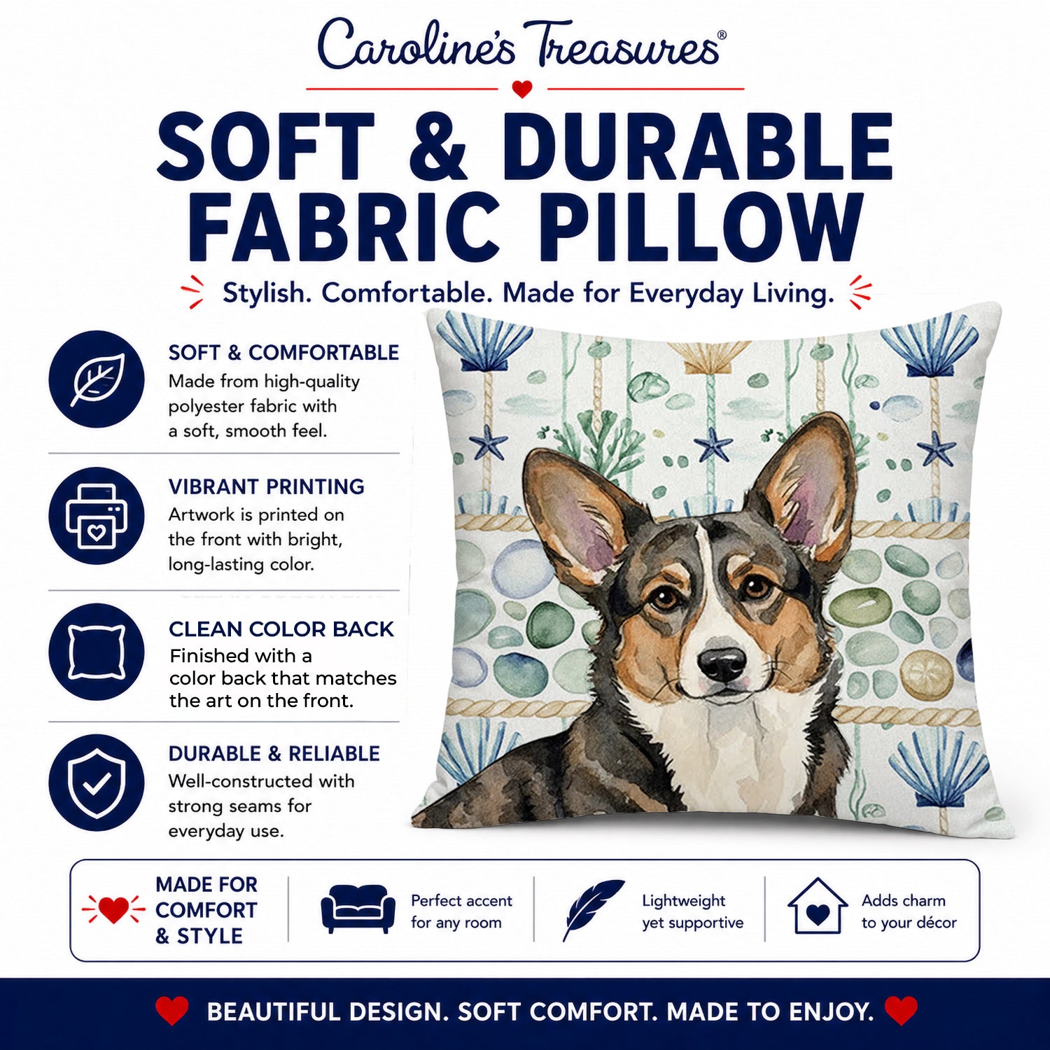 Brindle Cardigan Welsh Corgi Coastal Sea Glass Decorative Throw Pillow 18x18 Indoor Outdoor Accent Cushion, Fabric Cover with Insert for Sofa, Bed, Porch & Living Room