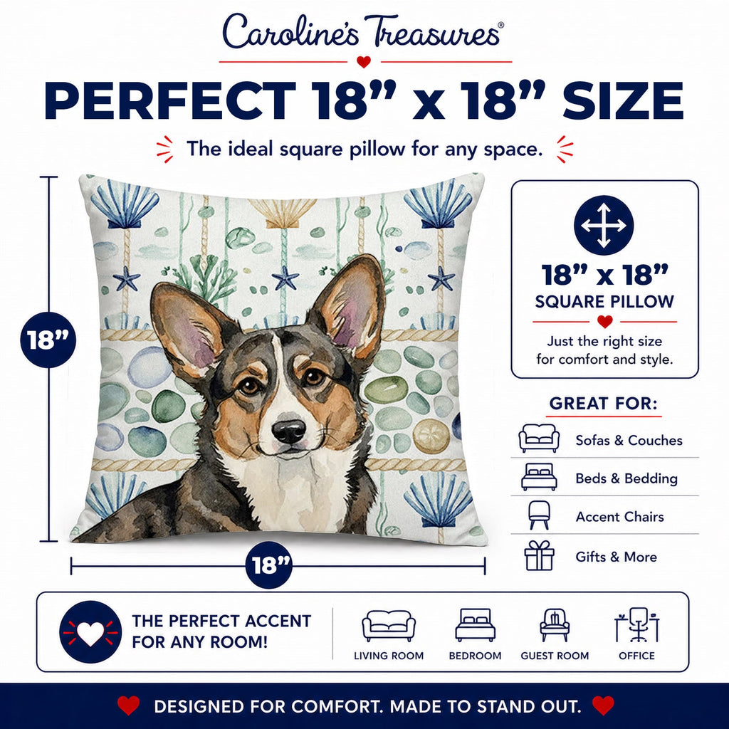 Brindle Cardigan Welsh Corgi Coastal Sea Glass Decorative Throw Pillow 18x18 Indoor Outdoor Accent Cushion, Fabric Cover with Insert for Sofa, Bed, Porch & Living Room