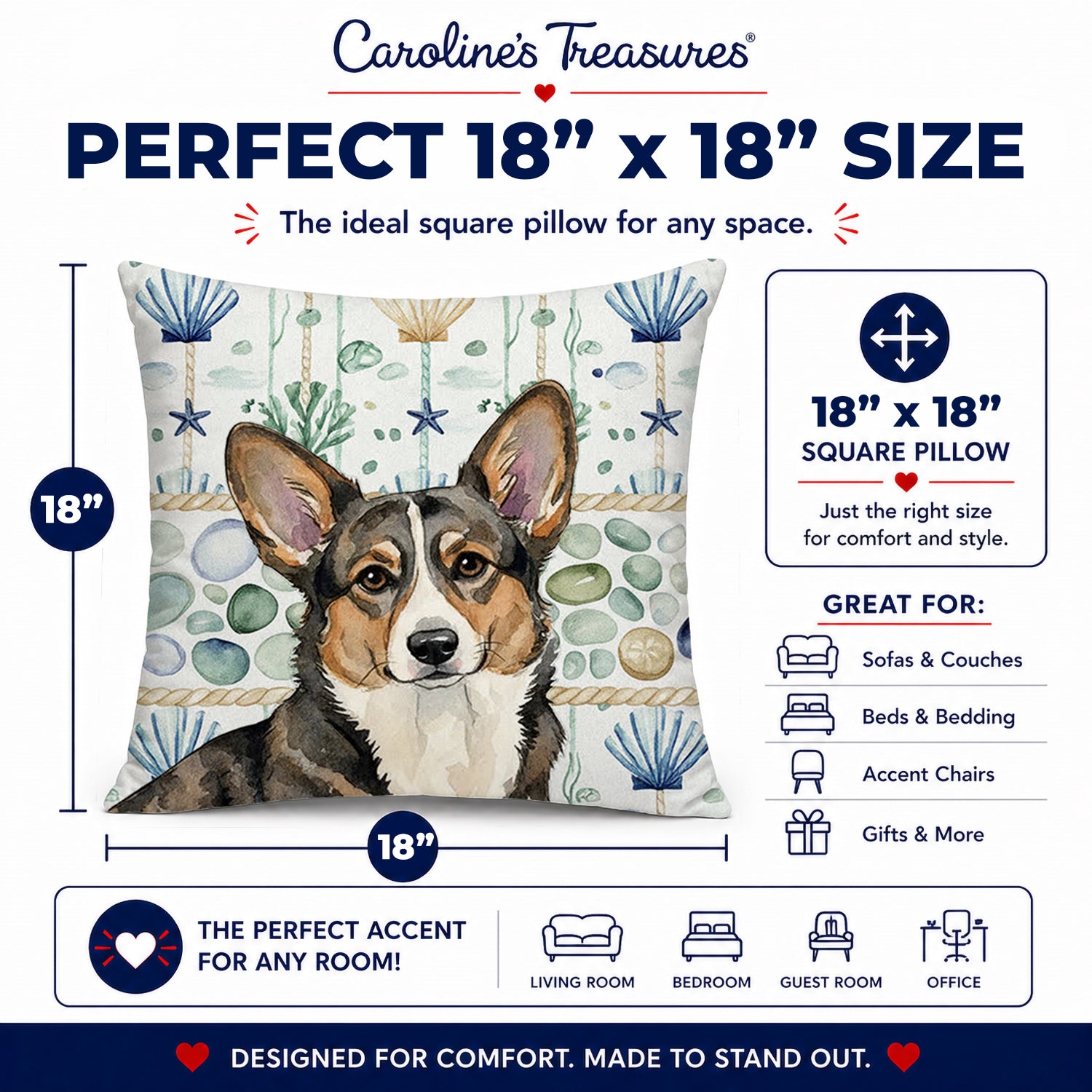 Brindle Cardigan Welsh Corgi Coastal Sea Glass Decorative Throw Pillow 18x18 Indoor Outdoor Accent Cushion, Fabric Cover with Insert for Sofa, Bed, Porch & Living Room