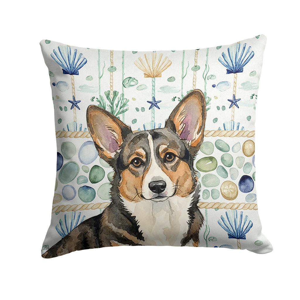 Brindle Cardigan Welsh Corgi Coastal Sea Glass Decorative Throw Pillow 18x18 Indoor Outdoor Accent Cushion, Fabric Cover with Insert for Sofa, Bed, Porch & Living Room