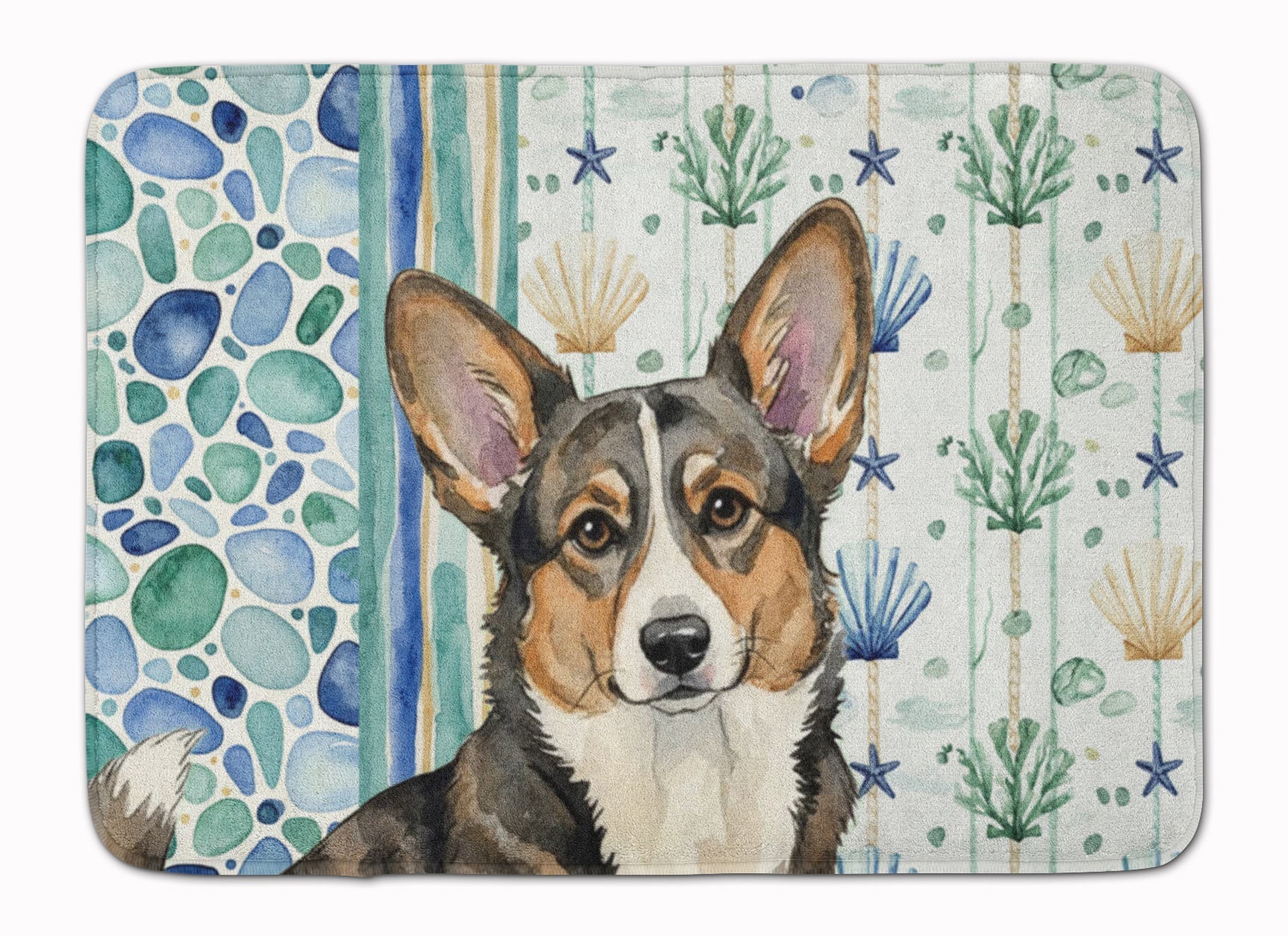 Brindle Cardigan Welsh Corgi Coastal Sea Glass Memory Foam Kitchen Mat Machine Washable Anti-Fatigue Cushion Comfort Bath or Kitchen Rug
