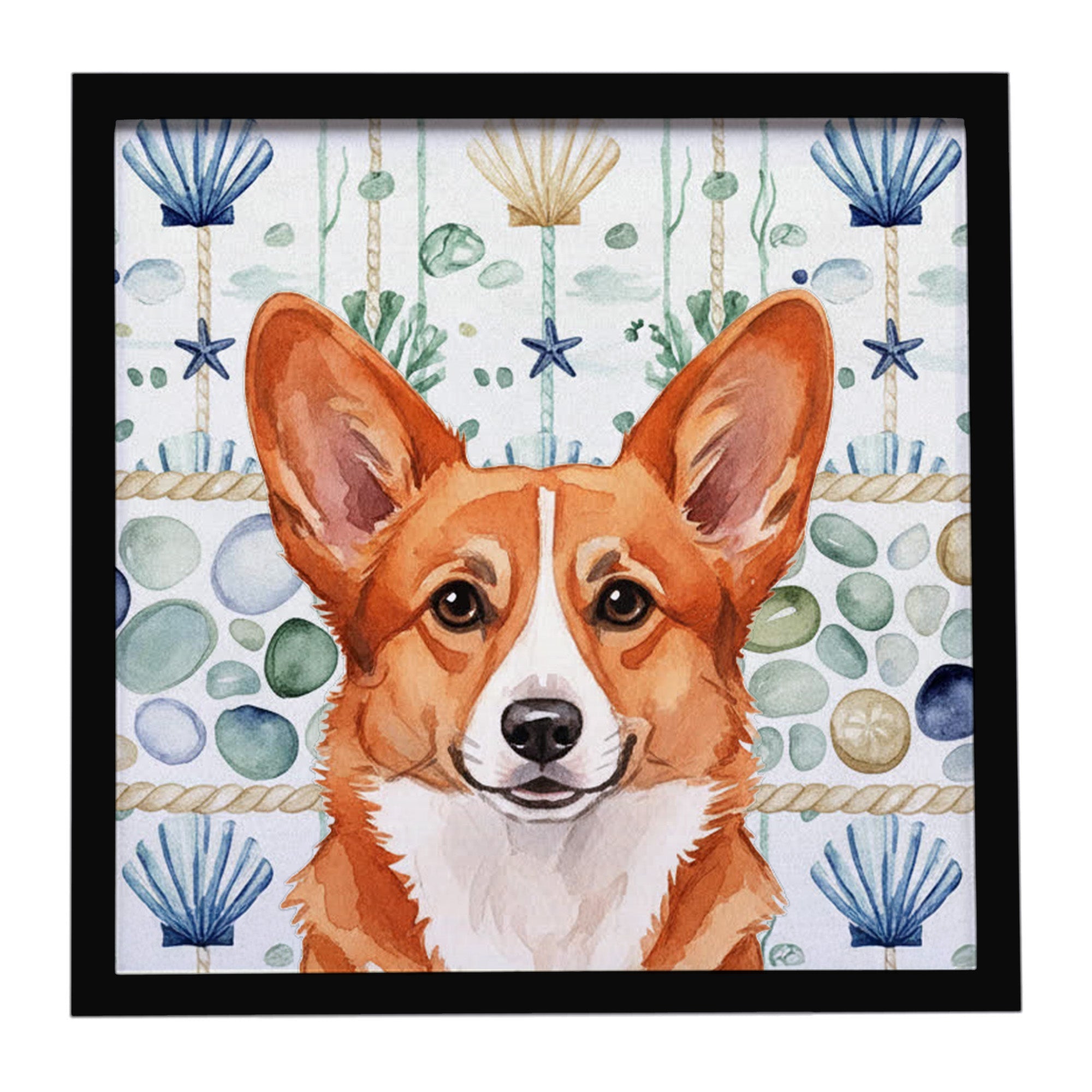 Red Cardigan Welsh Corgi Coastal Sea Glass Framed Metal Print Bathroom, Kitchen, Office, Home Decor Wall Art Ready to Hang, Square, 8X8